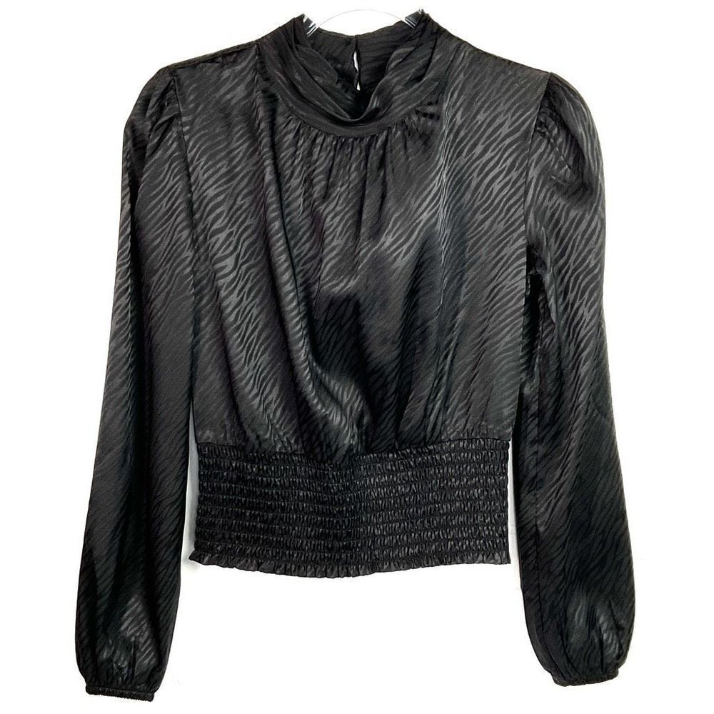 Self Esteem Black Zebra Stripe Shirred Long Sleeve Top XS New